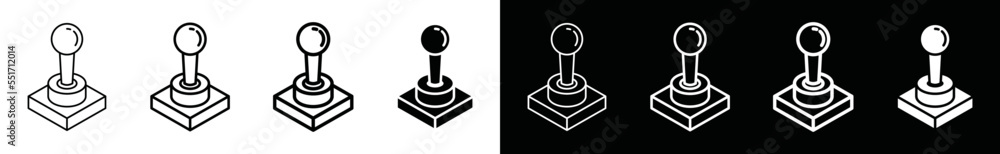 Poster game joystick console icon set. retro arcade video game joystick controller icon in flat and outline