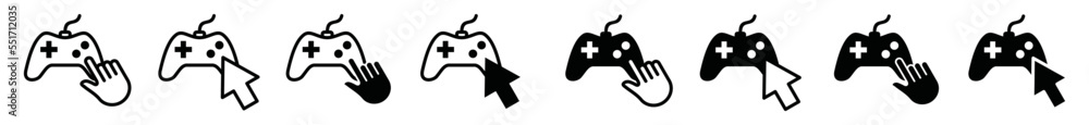 Poster click game icon set. game console with hand cursors or arrow cursors in flat and outline style. star