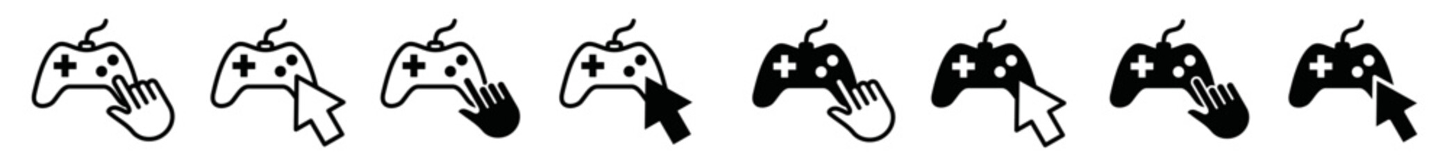 Click game icon set. Game console with hand cursors or arrow cursors in flat and outline style. Start the game or playing game icon collection, vector illustration © Vilogsign