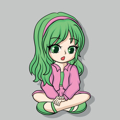 illustration art cute girl chibi green hair  character design