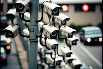 Shot in shallow focus shows many traffic cameras mounted on a street pole.. Generative AI