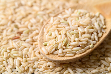 Organic Thai brown rice grain with wooden spoon, Asian healthy food ingredients