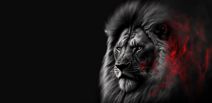 Lion king in fire, Portrait on black background, Wildlife animal. Danger concept. digital art