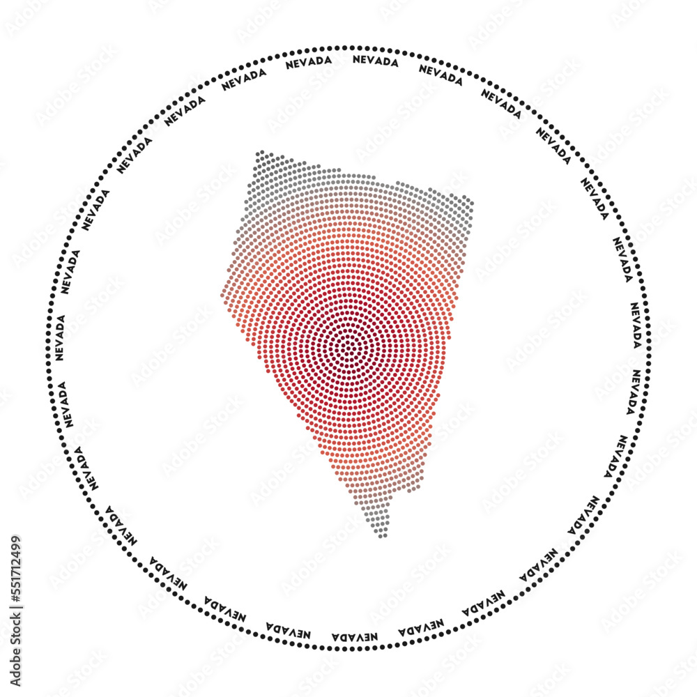 Poster nevada round logo. digital style shape of nevada in dotted circle with us state name. tech icon of t