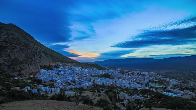 Steep city blue washed Moroccan Chefchaouen city timelapse