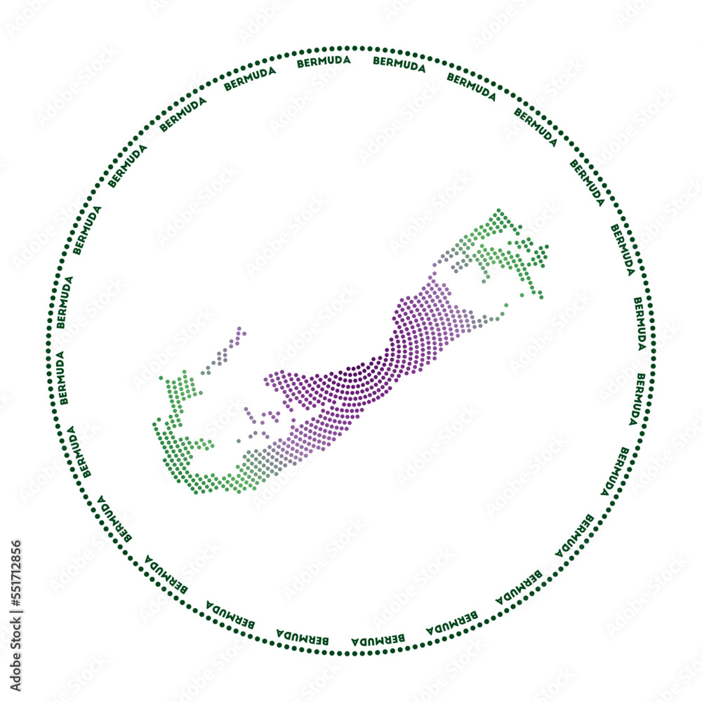 Poster bermuda round logo. digital style shape of bermuda in a dotted circle with the island name. tech ico