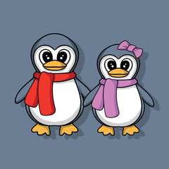 illustration art cute cartoon couple penguin with scraft character design