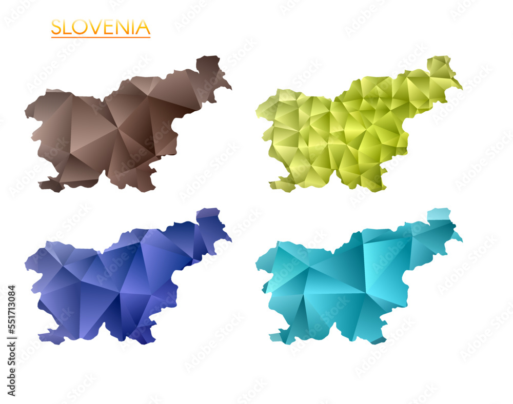 Aufkleber set of vector polygonal maps of slovenia. bright gradient map of country in low poly style. multicol