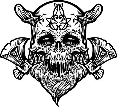 Skull Viking Warrior with Axe monochrome Vector illustrations for your work Logo, mascot merchandise t-shirt, stickers and Label designs, poster, greeting cards advertising business company or brands.