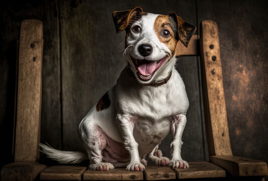 Jack Russell dog in a joyful and relaxed pose sitting on a wooden seat.. Generative AI