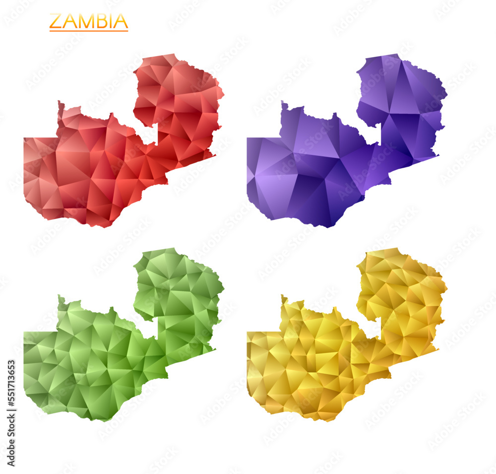 Poster set of vector polygonal maps of zambia. bright gradient map of country in low poly style. multicolor