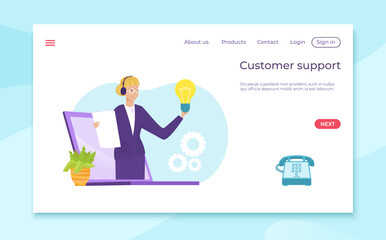 Customer technical support web application website banner, template landing webpage mobile app flat vector illustration, computer marketing page.