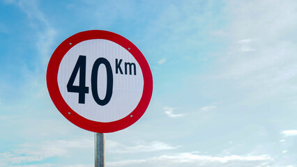 40km limit traffic sign on the road with copy space. 40km/h speed limit sign. Good quality
