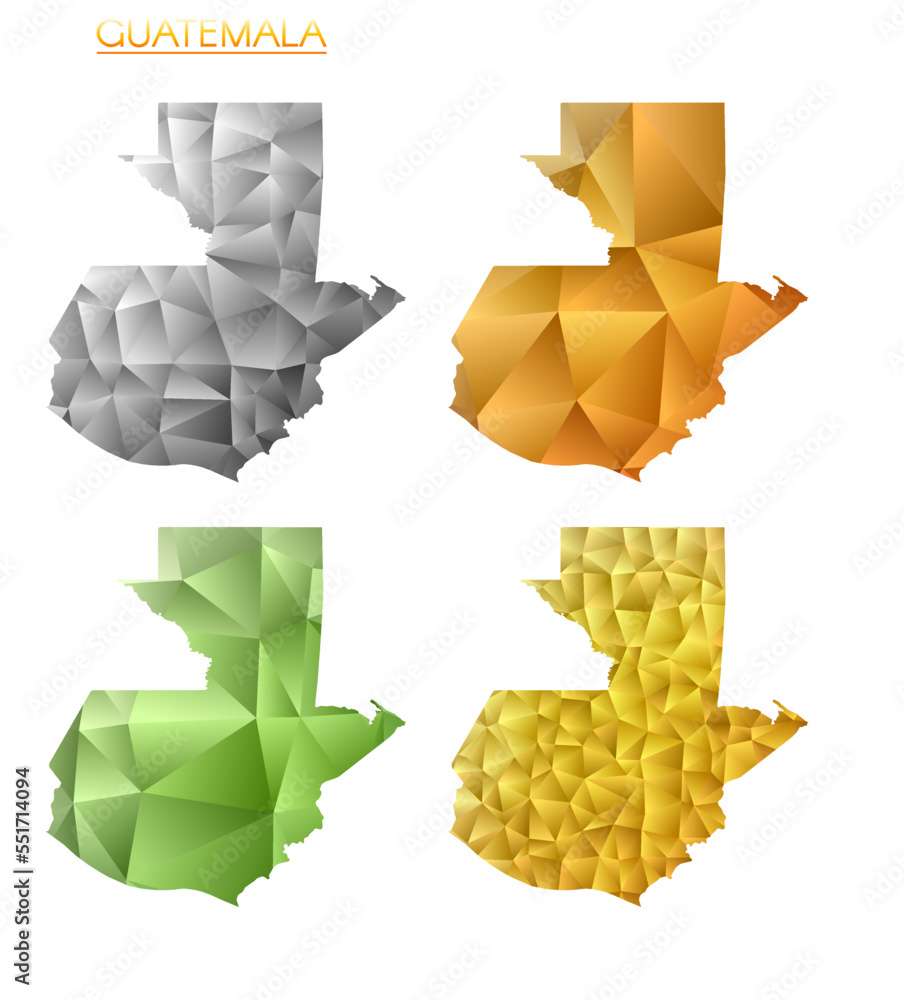 Poster set of vector polygonal maps of guatemala. bright gradient map of country in low poly style. multico