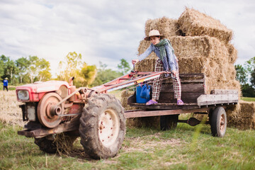 Young pretty farmer woman driving tractor
