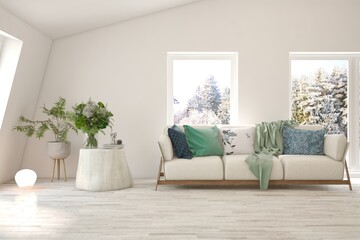 White living room with sofa and winter landscape in window. Scandinavian interior design. 3D illustration
