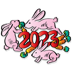 Happy New Year 2023 greeting card with cute rabbit.