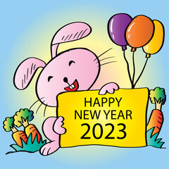 Obraz na płótnie Canvas Happy New Year 2023 greeting card with cute rabbit.