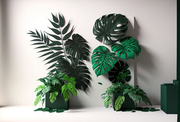 Wall and podium installation with tropical leaves. Generative AI
