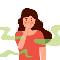 Woman puzzled about the bad smell in flat design on white background. Female cover her nose from unpleasant smell.