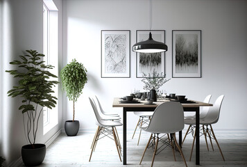 White walls in a dining area decorated in a contemporary manner.. Generative AI