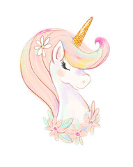 A beautiful unicorn with a golden horn and flowers, drawing with watercolor pencils or pastels. Baby girl card, birthday, party invitation, baby shower, baby poster. 