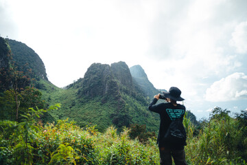 Green mountain and fog in nature