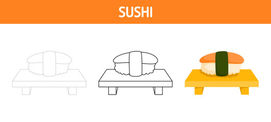 Sushi tracing and coloring worksheet for kids