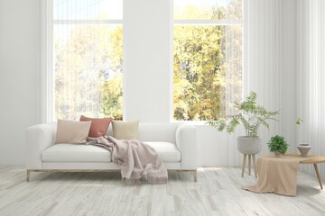 Stylish room in white color with sofa and autumn landscape in window. Scandinavian interior design. 3D illustration