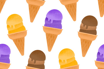Filipino sorbetes cheese, chocolate, and ube cones illustrated pattern on transparent background