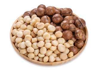 Macadamia nuts and Macadamia with hard shell on wooden background isolate on white with clipping path.