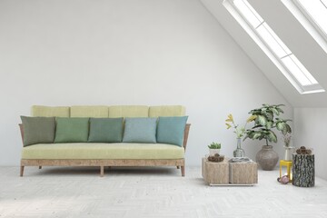 White living room with sofa. Scandinavian interior design. 3D illustration