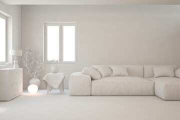 Fototapeta premium White minimalist living room with sofa. Scandinavian interior design. 3D illustration