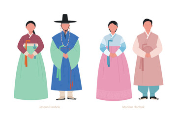 Hanbok of the Joseon Dynasty and modern Hanbok. hand drawn vector illustration.