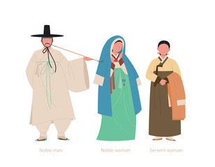 Costumes of noble men and women and servants of the old nation of Korea, Joseon. hand drawn vector illustration.