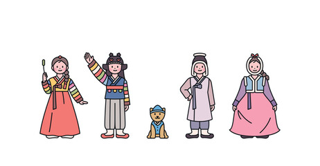 Joseon, an old Korean nation. Children wearing basic hanbok and children wearing winter hanbok. and puppy. outline simple vector illustration.