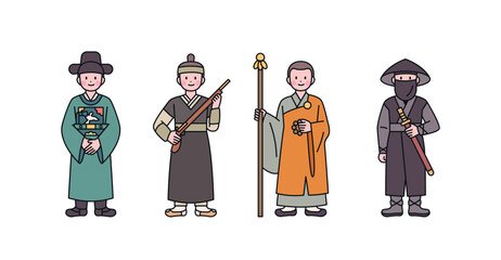 Joseon, an old Korean nation. Clerk, Hunter, Monk, and Assassin's characters. outline simple vector illustration.