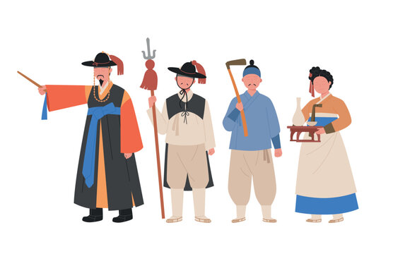 Costumes of the old nation of Korea, Joseon. cops and farmers and pub owners.  hand drawn vector illustration.