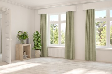 White empty room with summer landscape in window. Scandinavian interior design. 3D illustration