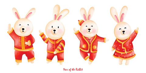 Naklejka premium Cute bunny in Chinese traditional costume, Cheongsam dress, the year of rabbit