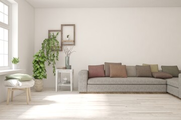 White living room with sofa. Scandinavian interior design. 3D illustration