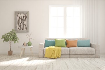 White living room with sofa. Scandinavian interior design. 3D illustration