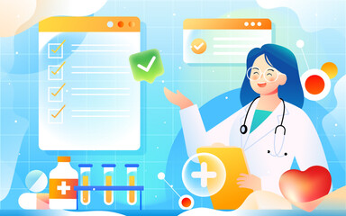 The doctor is examining, with various medicines and a shield in the background, vector illustration