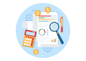 Business Audit of Documents with Charts, Accounting, Calculations and Financial Report Analytics in Flat Cartoon Hand Drawn Templates Illustration