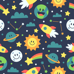 Vector Seamless Pattern with Cute Space Objects
