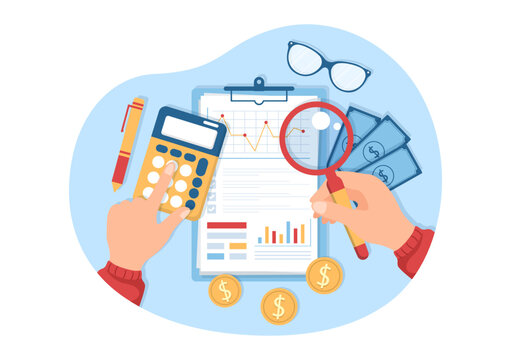 Business Audit of Documents with Charts, Accounting, Calculations and Financial Report Analytics in Flat Cartoon Hand Drawn Templates Illustration
