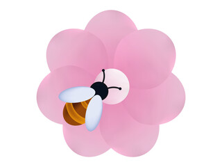 Bee and flower 3d, isolated icon. One insect collects nectar, pollen. Honey bee, wild wasp or bumblebee on a flowering plant with pink petals. The concept of active labor, pollination closeup. Vector 