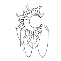 Crescent moon sketch. Bohemian tarot symbol of moon for astrology and horoscopes. Vector illustration isolated in white background