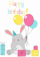 Holiday illustration with a rabbit in a cap and balloons, around the rabbit are gifts. Illustration can be used on postcards, banners, flyers