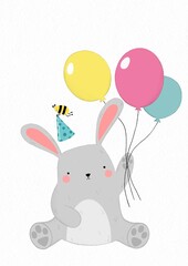 Holiday illustration with a rabbit in a cap and balloons, around the rabbit are gifts. Illustration can be used on postcards, banners, flyers